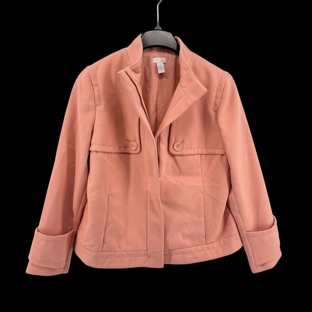NEW Chico's Full Zip Jacket Womens 2/Large Jacket‎ Salmon Pink Mock Neck Button